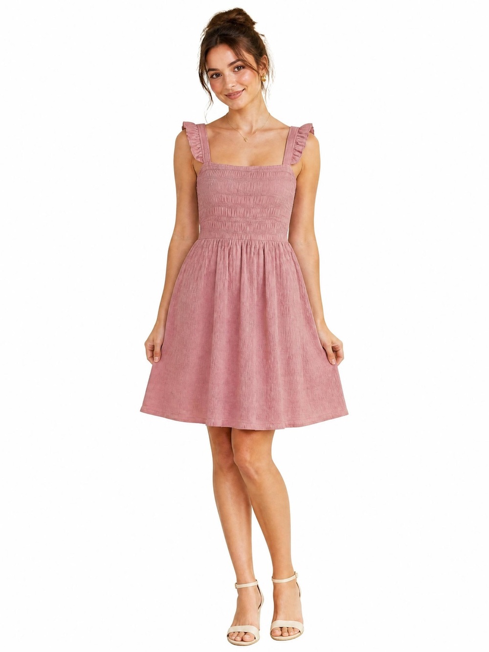 SHEIN Dusty Rose Smocked Square-Neck Ruffle Strap Mini Dress